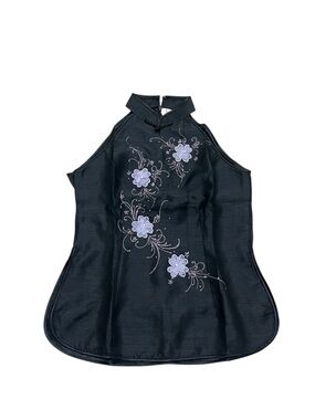 Vtg Chinese Oriental 100% Silk Blouse Top SMALL Black Y2K Satin cheongsam